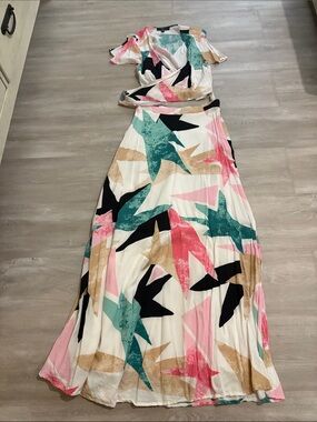 Abstract Star-Print Maxi skirt and top in Pink, Teal & Black